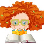 A girl reading a book on white background